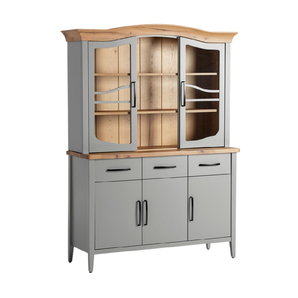 Modern Grey Cabinet with Wooden Top and Glass Doors